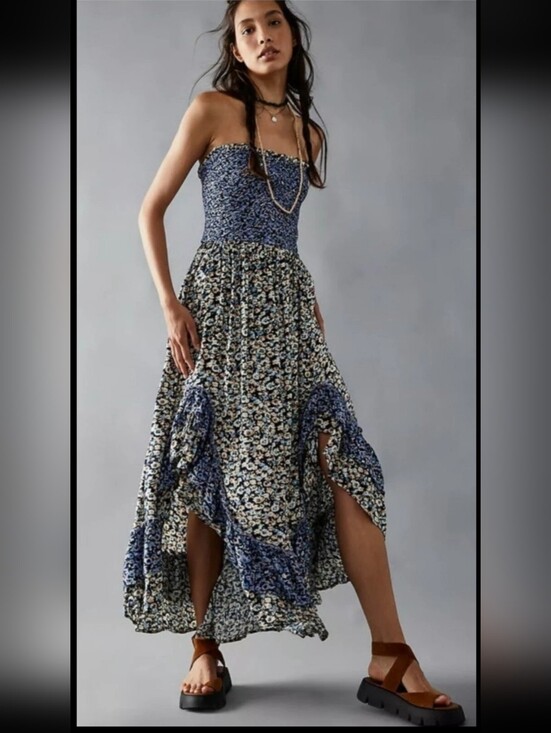 Free People Dresses & Skirts - Free People Dress LARGE One I Love in Denim Combo Floral Midi Sundress Boho